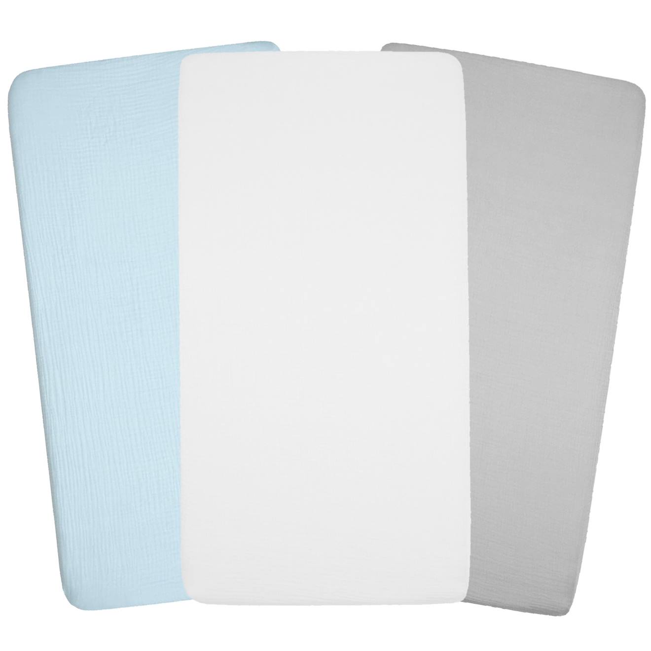 Lot De 3 Draps Housse Berceau En Gaze De Coton Uni Bleu, Gris, Blanc