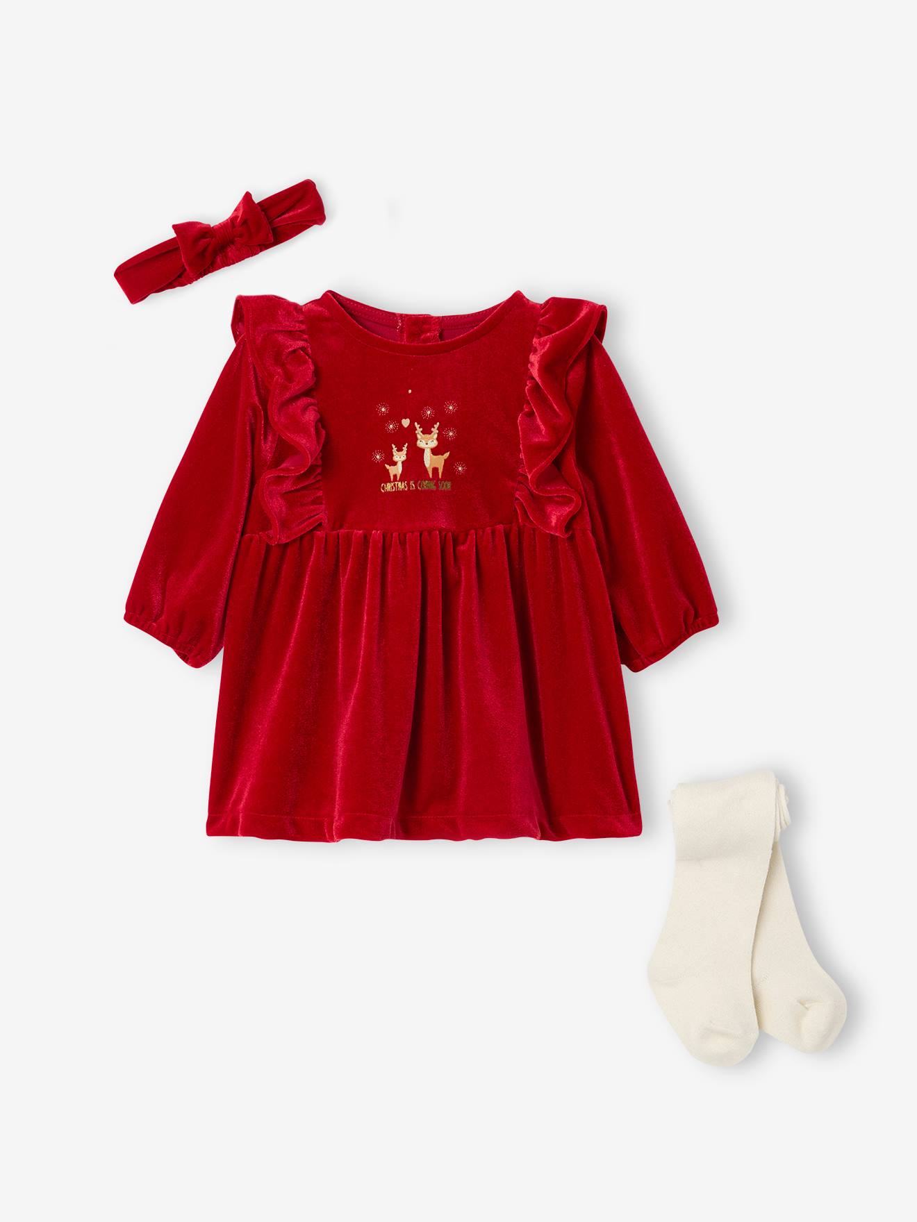 Ensemble naissance 3 pices nol robe bandeau collants rouge 26 €