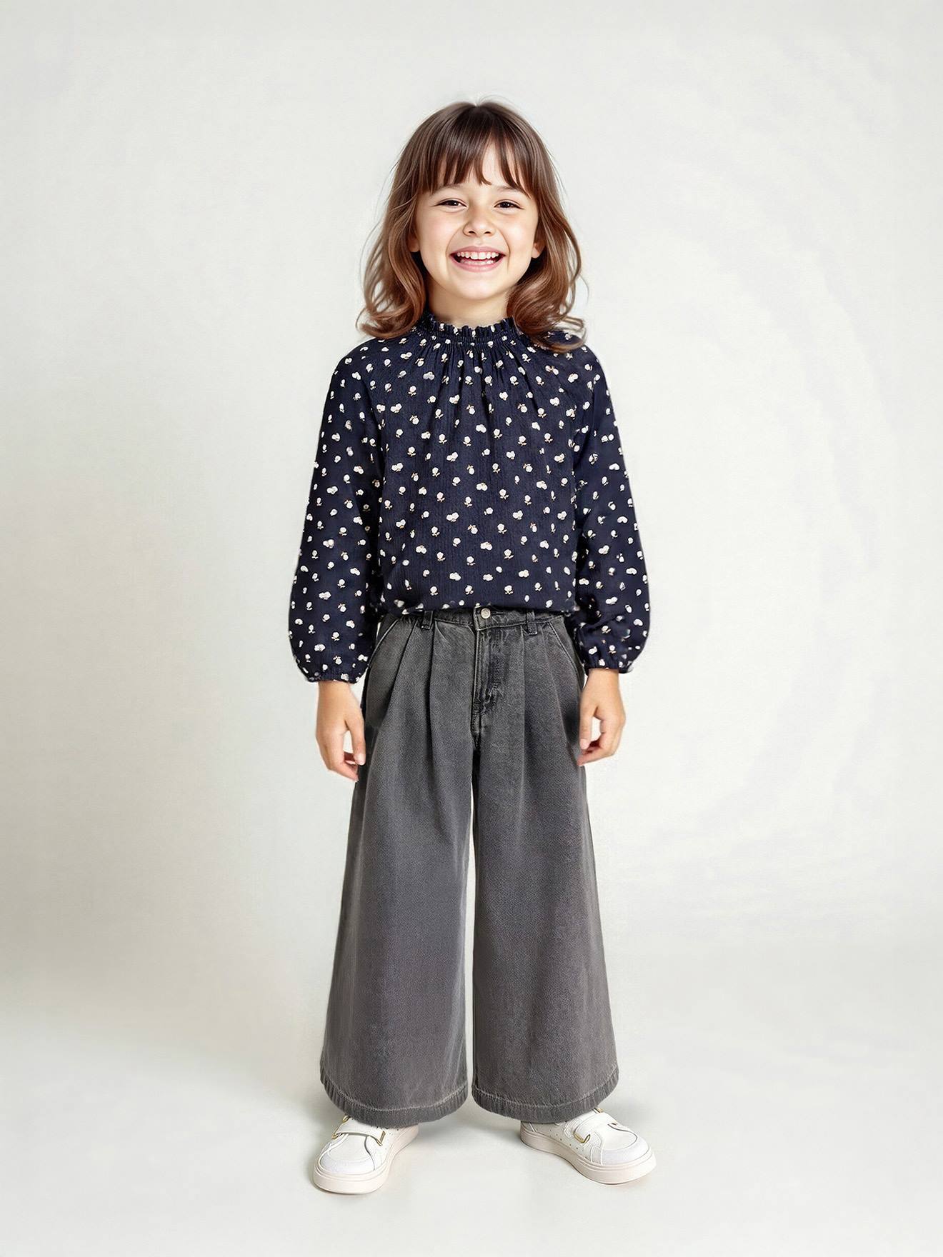 Jean fille large à pinces denim gris