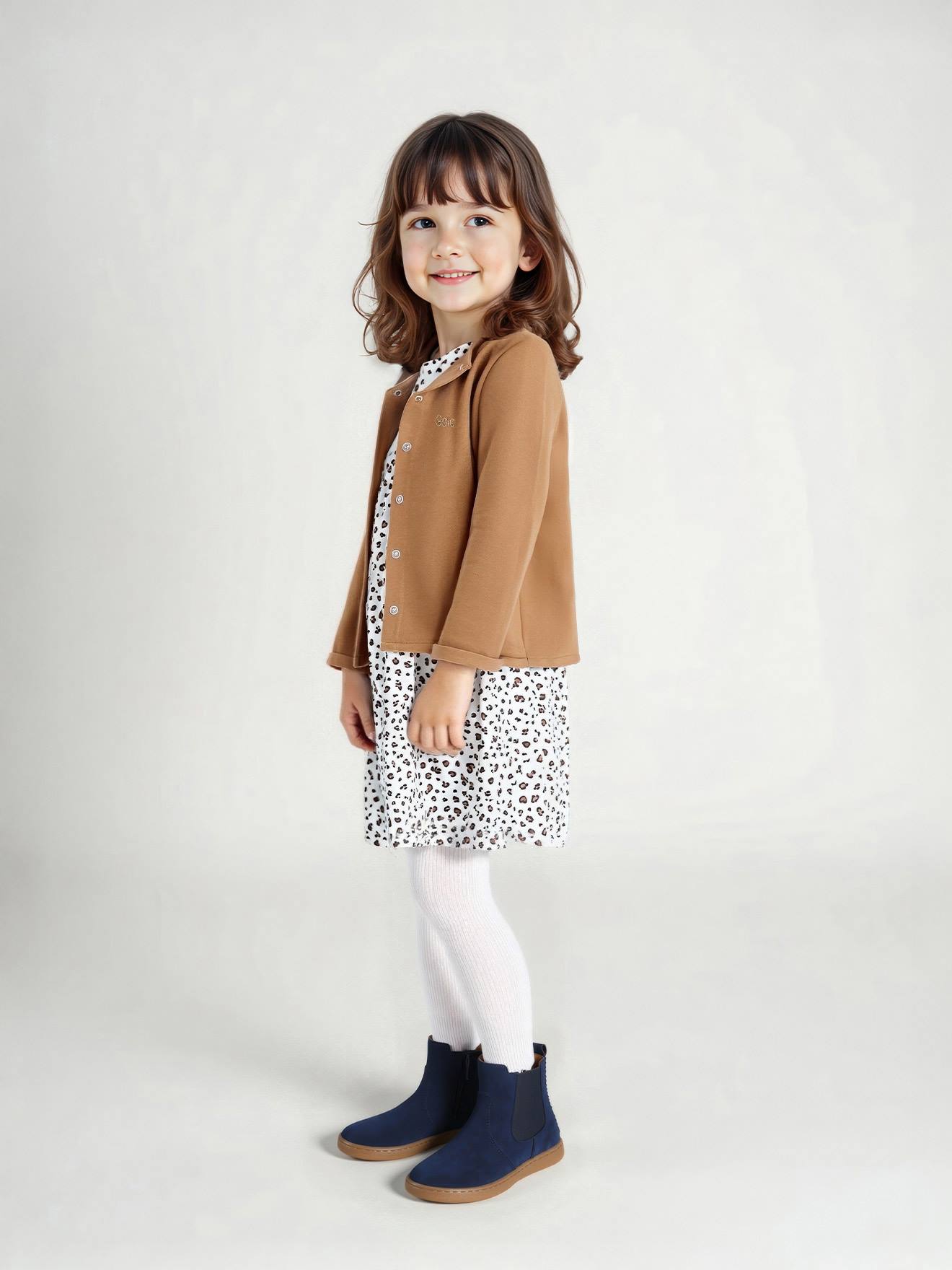 Ensemble fille cardigan et robe imprimée fleurs camel