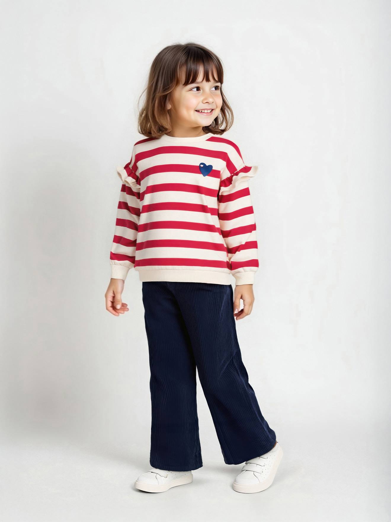 Pantalon fille large velours côtelé style paperbag marine