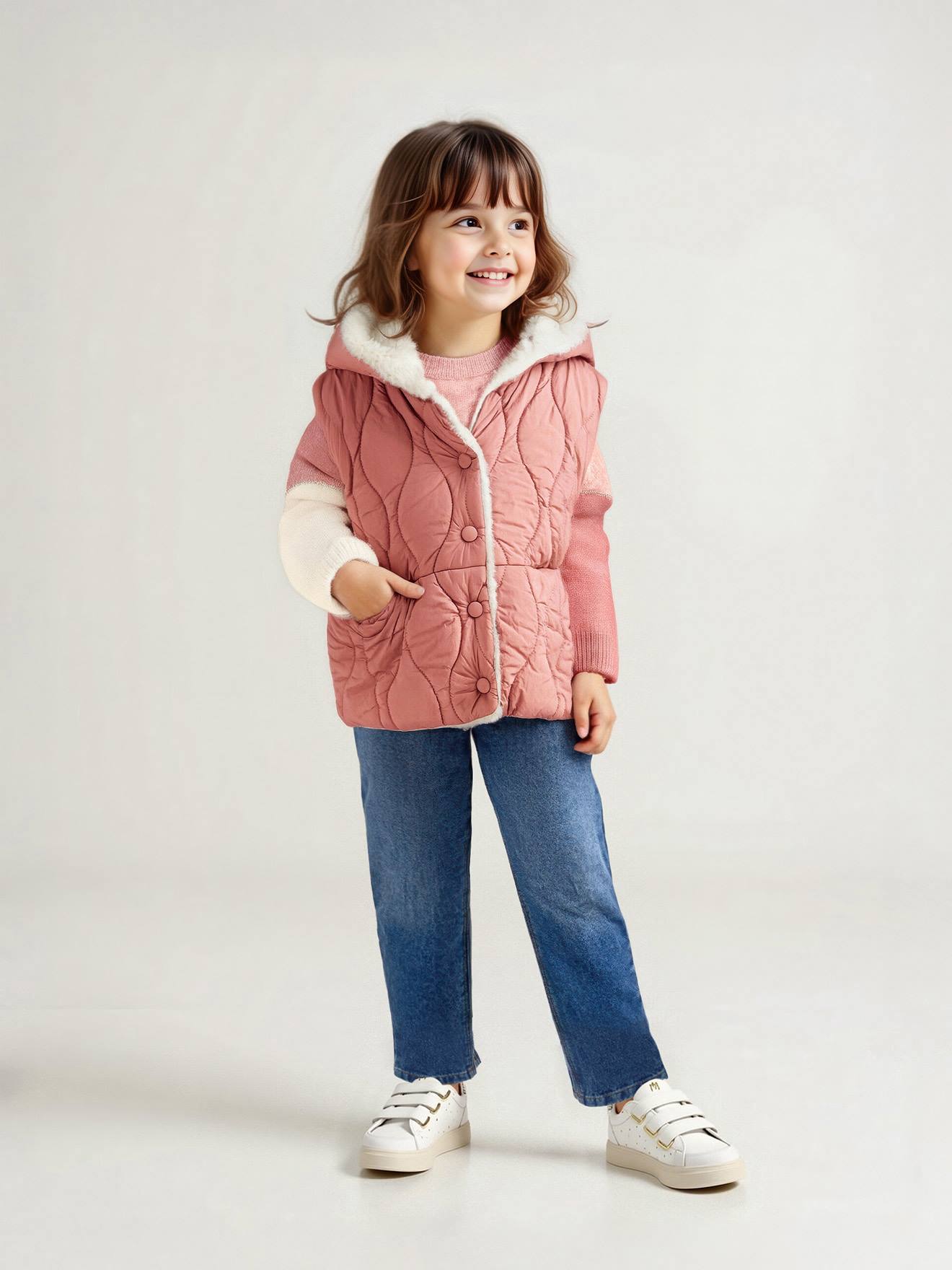 Doudoune fille sans manches réversible bois de rose