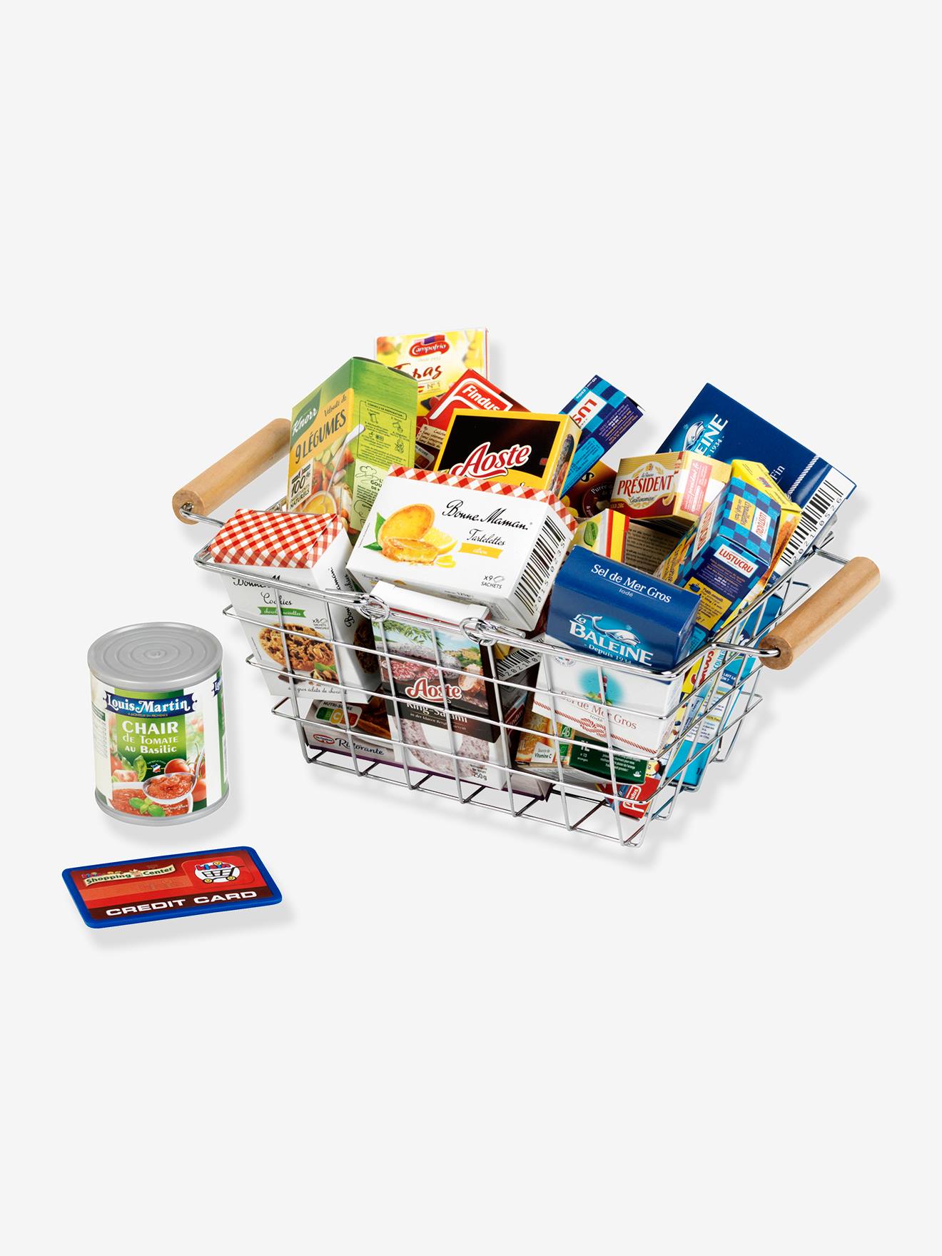 Panier de course garni de boîtes factices de produits de marques. multicolore