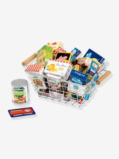 Jouet-Panier de course garni de boîtes factices de produits de marques.