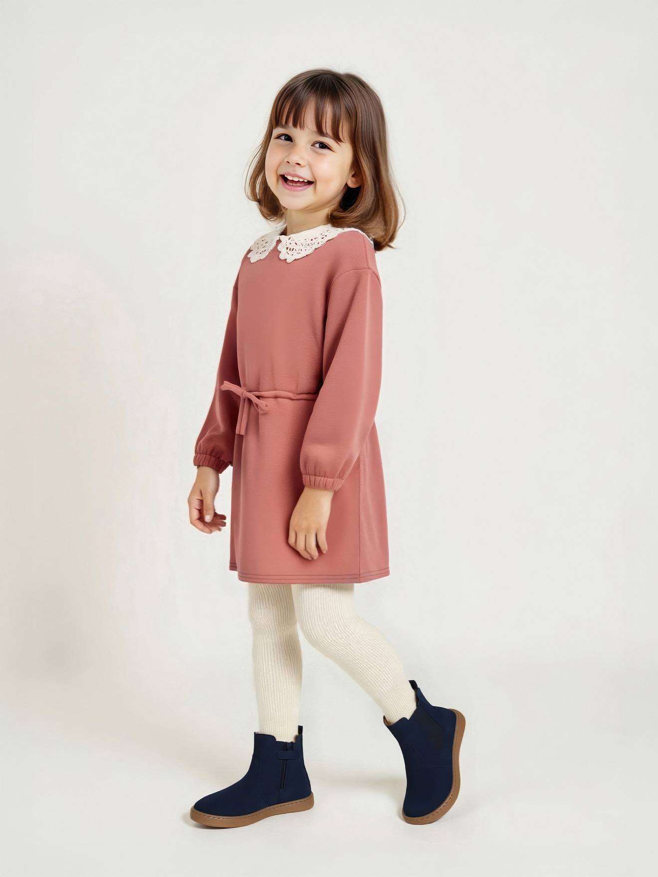 Robe molleton col en macramé fille bois de rose