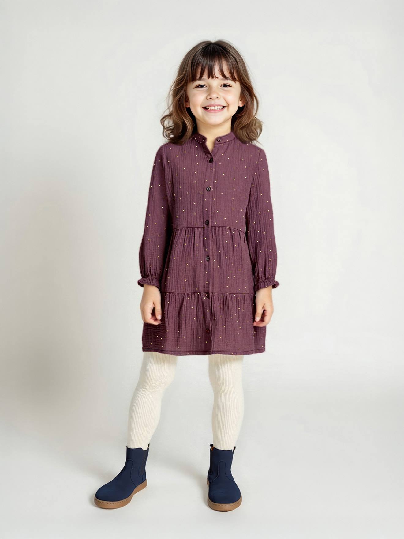 Robe fille en gaze de coton imprimée pois irisés prune