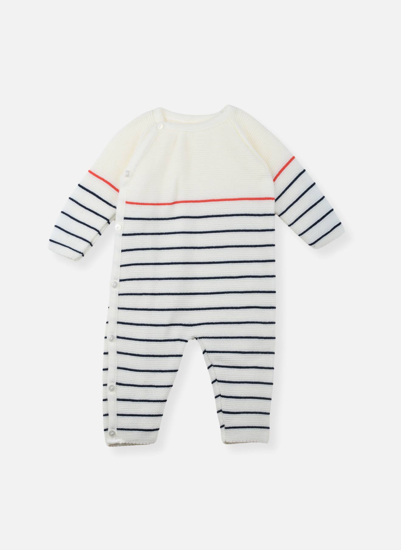 Combinaison Bébé Marinière Ecru Rayé Marine + Coquelicot