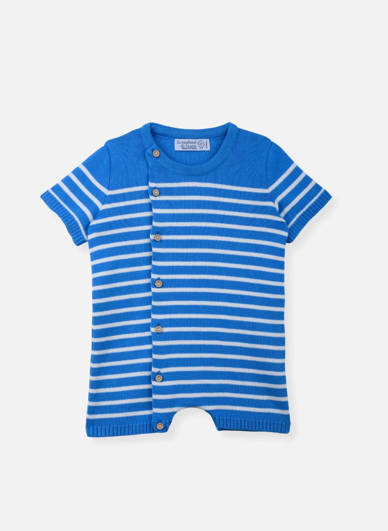 Combi Short Bébé En Coton Bleu / Ecru