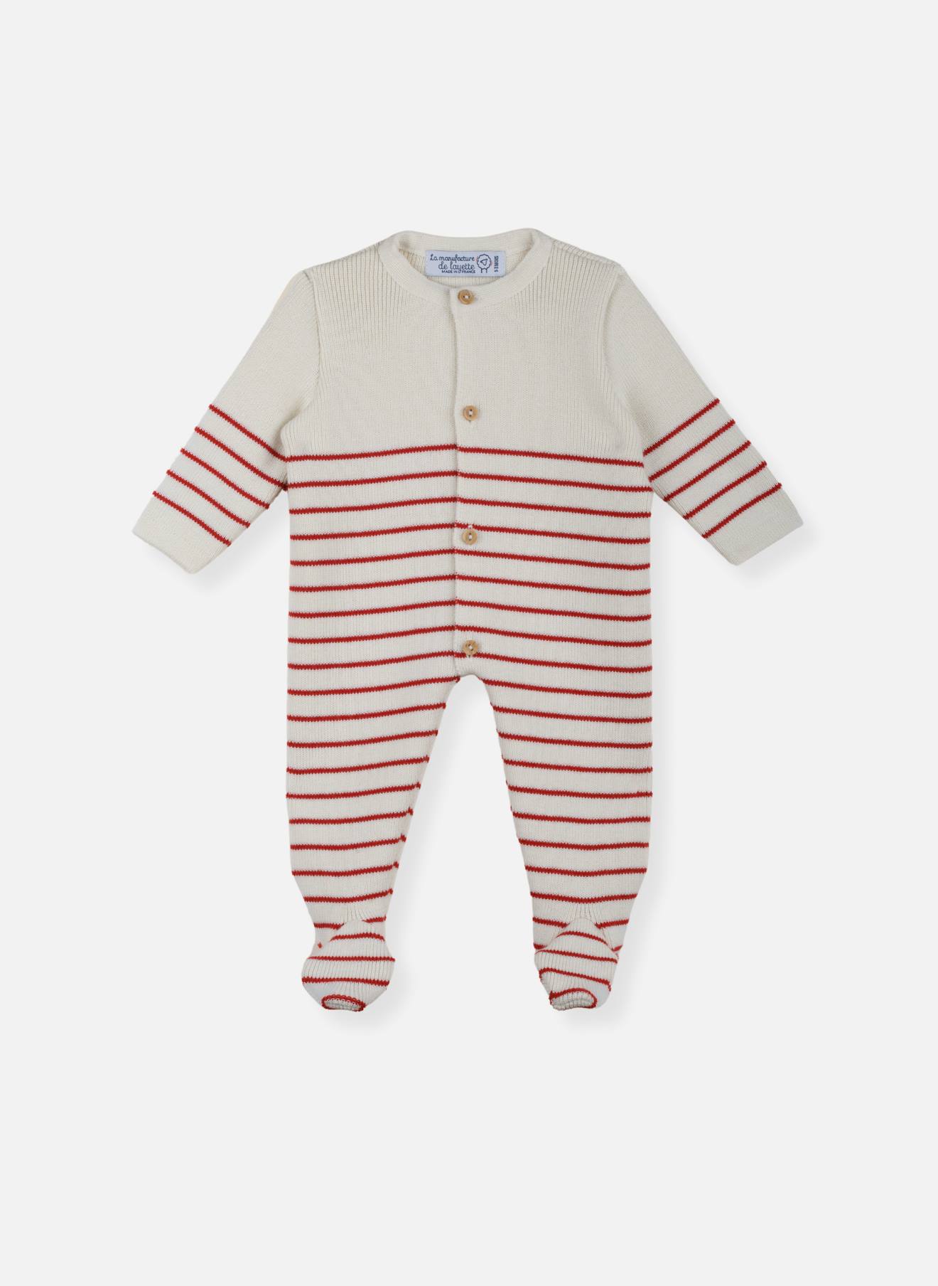 Combinaison À Pieds En Laine Bébé Ecru Rayé Rouge Basque