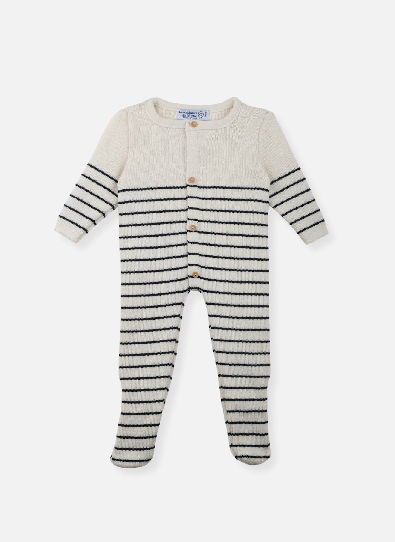 Combinaison À Pieds En Laine Bébé Ecru Rayé Marine