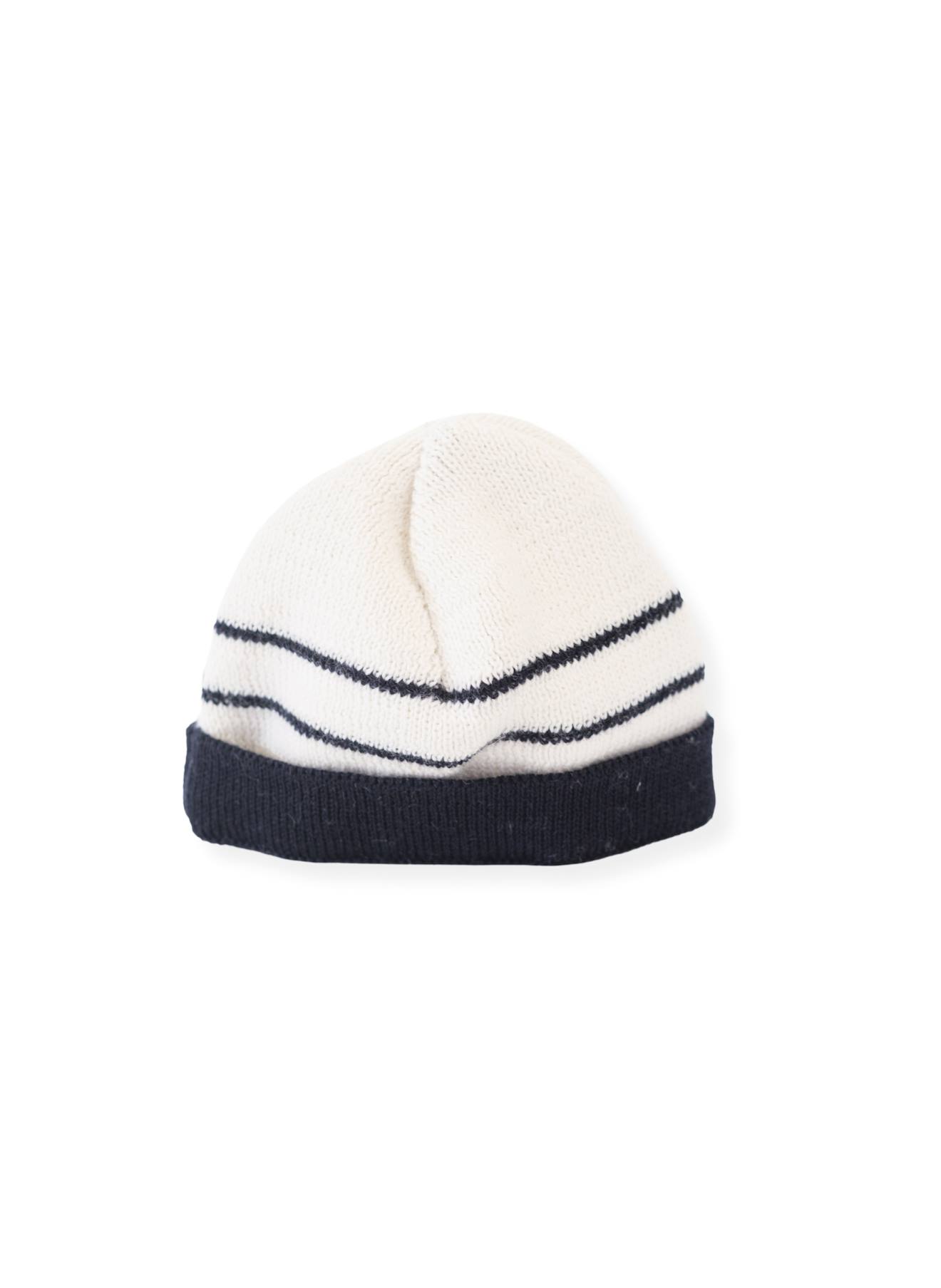 Bonnet À Revers En Laine Bébé Écru Rayé Marine