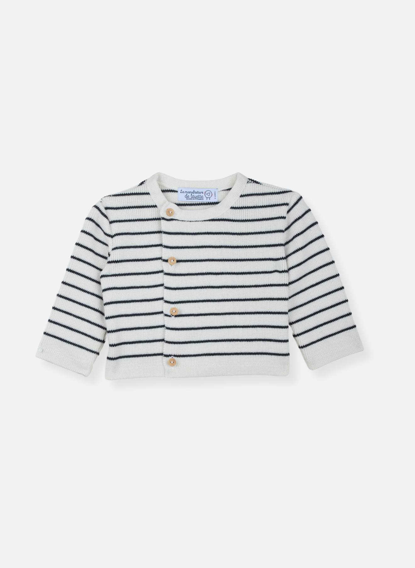 Cardigan En Laine Bébé Ecru Rayé Bleu Marine