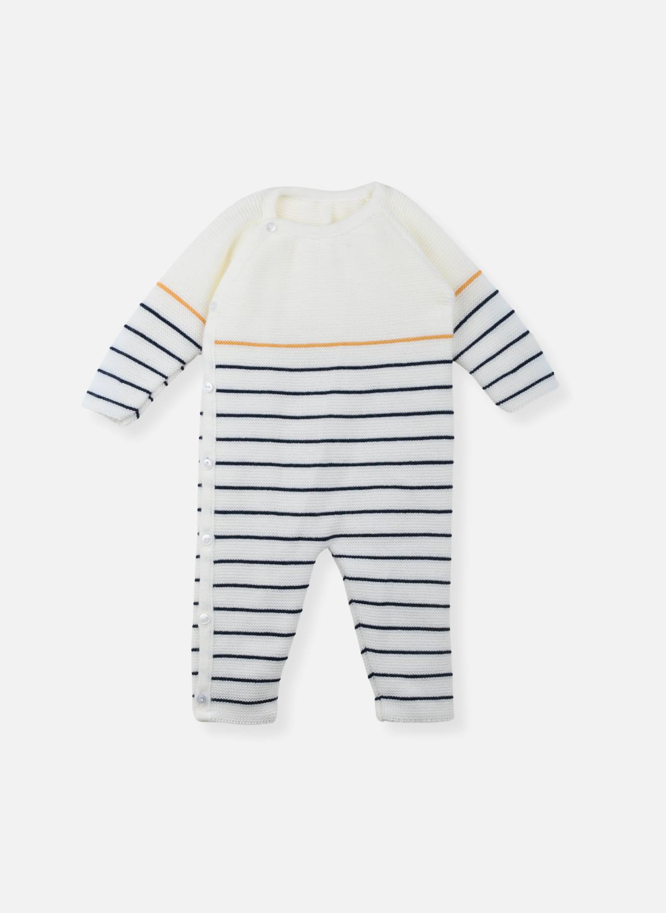 Combinaison Bébé Marinière Ecru Rayé Marine+curry