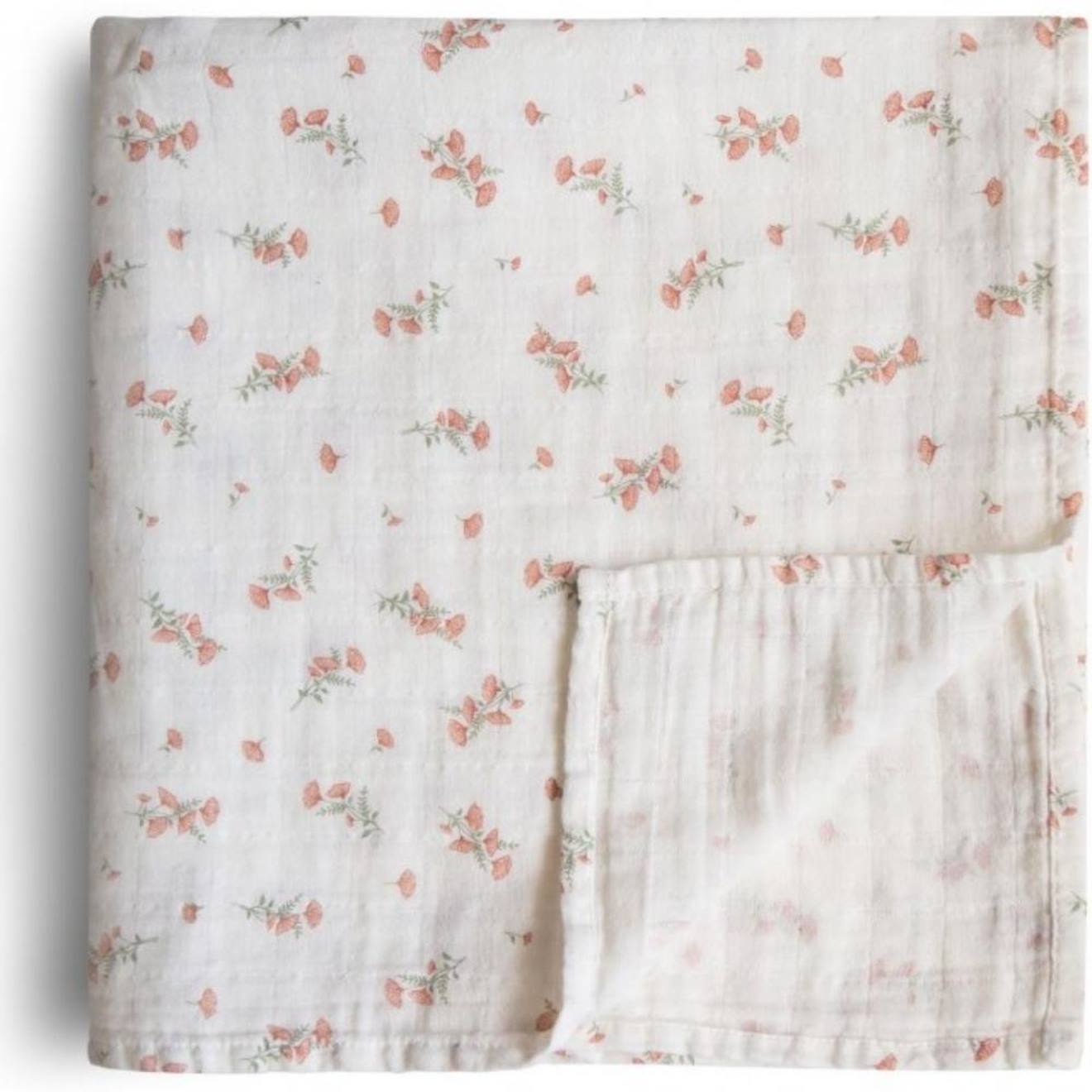 Maxi Lange En Coton Bio Pink Flowers (120 X 120 Cm) Blanc, Rose, Vert (Mushie) - Couverture