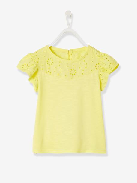 T-shirt fille avec détails broderie anglaise  Oeko-Tex® bleu grisé+bleu marine+corail+jaune pâle+moutarde+vert pâle 11 - vertbaudet enfant 