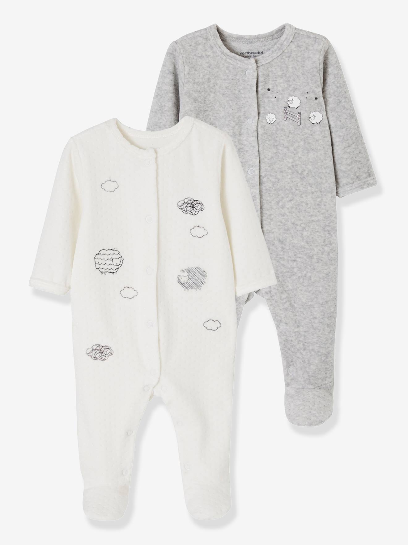 Lot de 2 pyjamas bébé en velours ouverture devant nuage lot ivoire